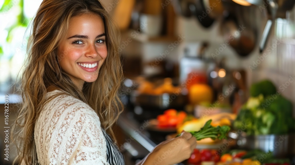 Smiling woman cooking with fresh vegetables in kitchen. Smiling woman cooking with fresh vegetables in kitchen.