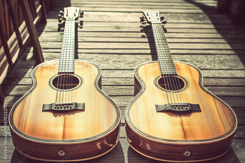 Obraz premium Top View of Beautiful Wooden Guitars on a Wooden Background with Microphone in Concept