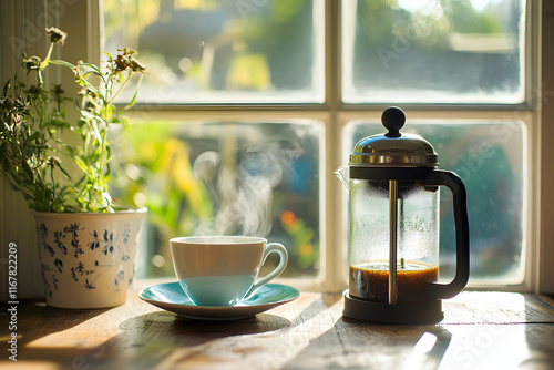 Steaming cup and French press in soft morning light near a window, creating a cozy and inviting breakfast scene photo