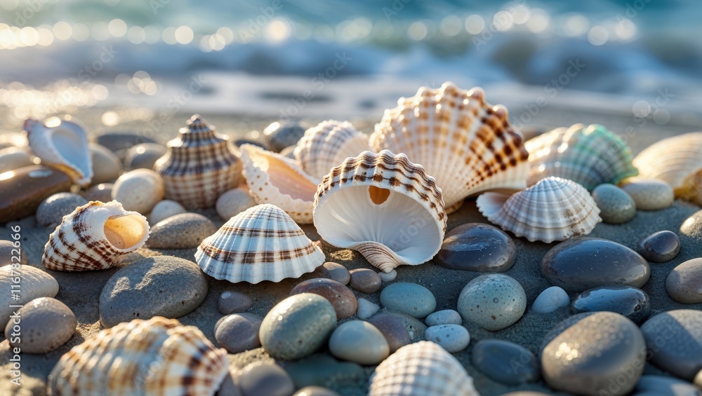 A collection of beautiful seashells and smooth pebbles scattered on a sandy beach, glistening under the sunlight near gentle ocean waves. A collection of beautiful seashells and smooth pebbles scattered on a sandy beach, glistening under the sunlight near gentle ocean waves.
