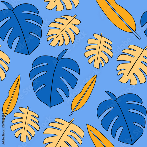 Узор тропических листьев с яркой листвой на синем фоне