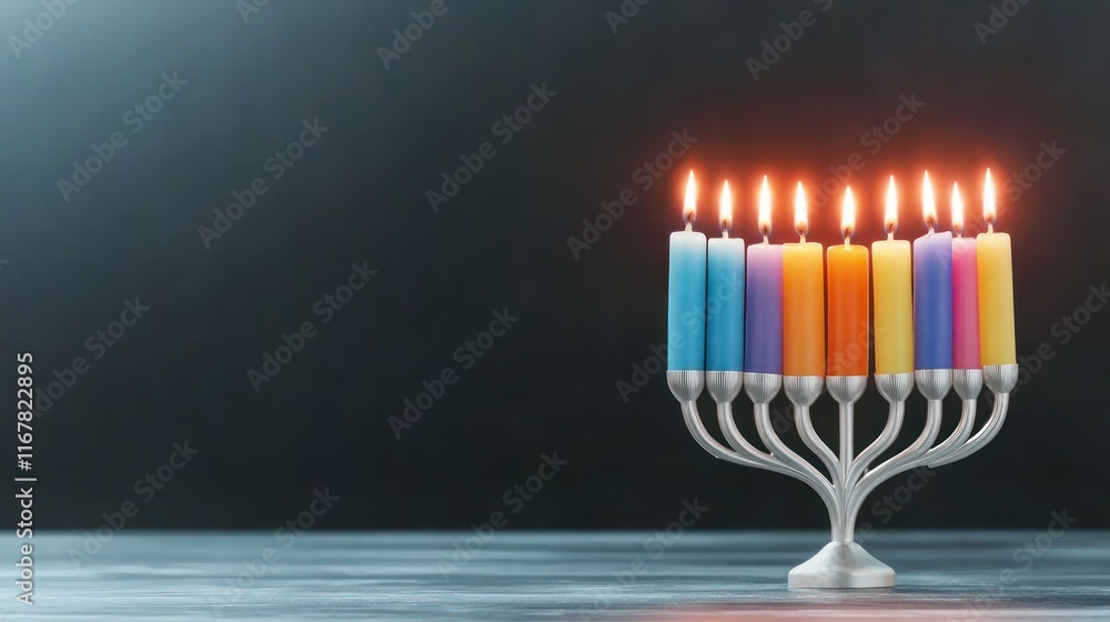 Fototapeta premium A menorah with colorful candles lit for a celebration.