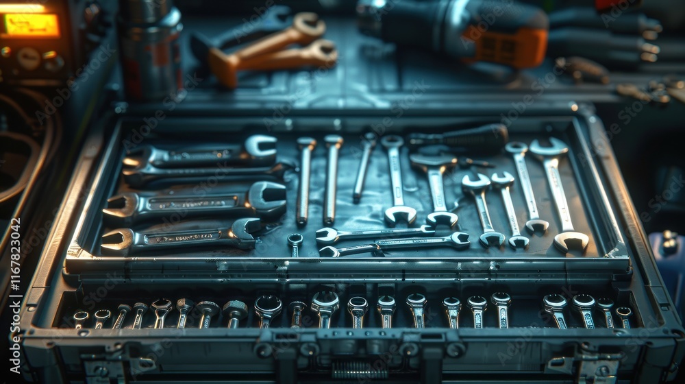 Assorted wrenches and tools in a metal toolbox. Assorted wrenches and tools in a metal toolbox.