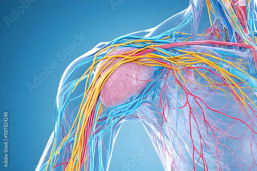 3D anatomical illustration of the brachial plexus nerves in the shoulder, showing pathways for movement and sensation photo