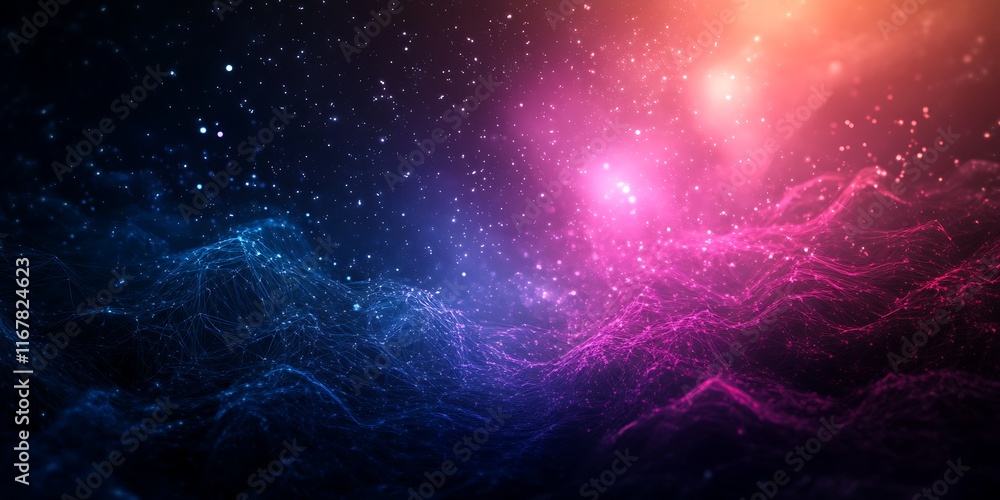 Obraz premium Abstract glowing wireframe in digital space with floating geometric figures 