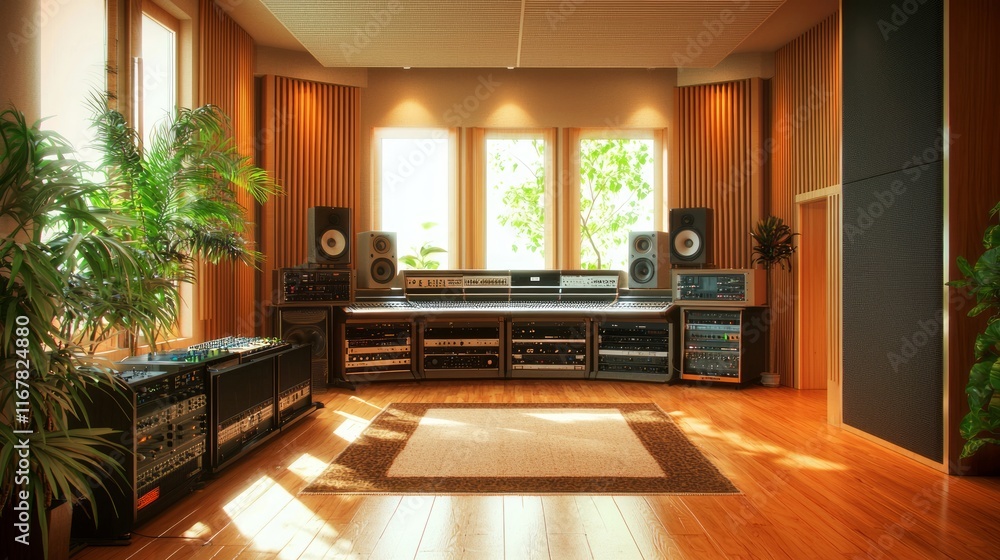 Inspiring Home Studio: Sound Engineer Exploring Audio Techniques in Serene Atmosphere with Warm Lighting Inspiring Home Studio: Sound Engineer Exploring Audio Techniques in Serene Atmosphere with Warm Lighting