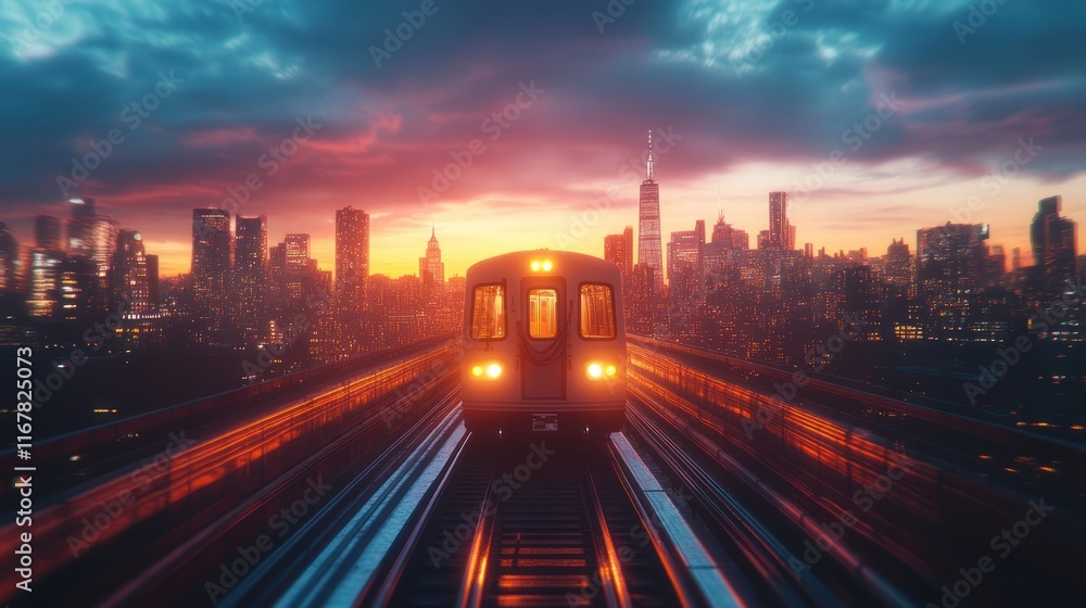 Obraz premium Cityscape sunset with elevated train approaching.