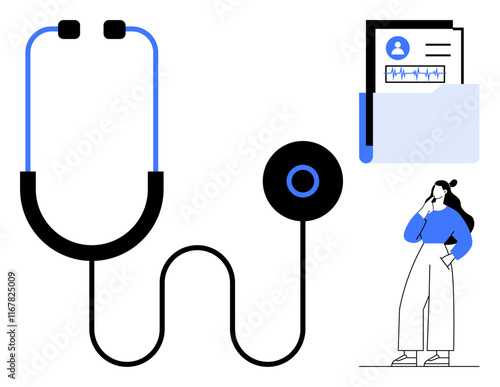 Stethoscope, medical patient records folder, and thoughtful woman. Ideal for healthcare, medical consultations, diagnostics, patient care, medical advice health technology decision making. Abstract