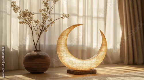 Warm, crescent moon-shaped lamp on wooden floor, beside a vase of dried flowers, near a window with sheer curtains. Soft, ambient light.