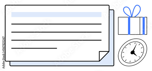 Document with blue highlight, gift box with ribbon, and ticking clock. Ideal for task management, deadlines, celebrations, productivity, timeliness planning organization. Line metaphor