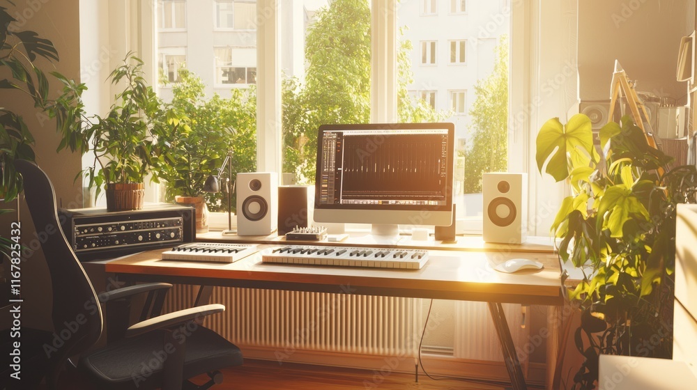 Fototapeta premium Tranquil Home Studio: Sound Engineer Experimenting with Acoustic Instruments in Warm Natural Light for Creative Sound Exploration