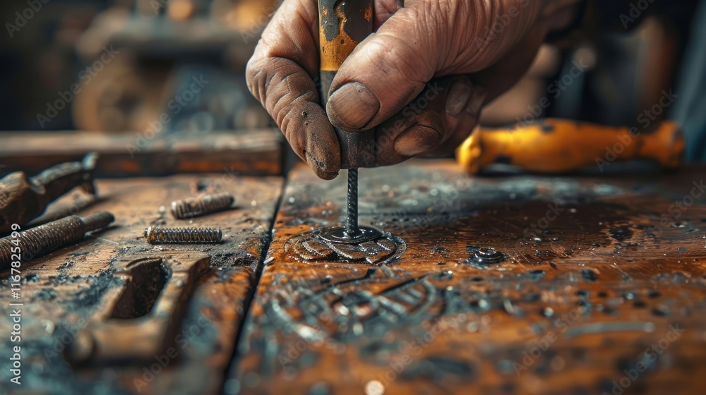 Close-up of hands using screwdriver on metal. Close-up of hands using screwdriver on metal.