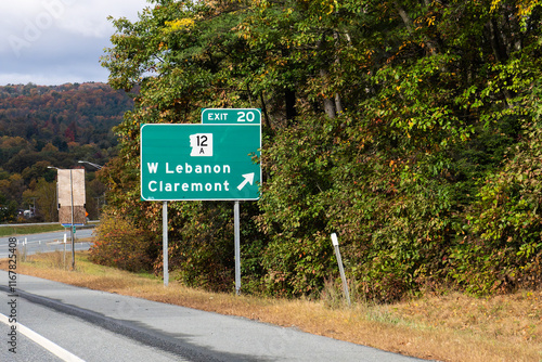 exit sign on  Interstate 89 for  Exit  20 for NH-12A toward West Lebanon and Claremont, New Hampshire