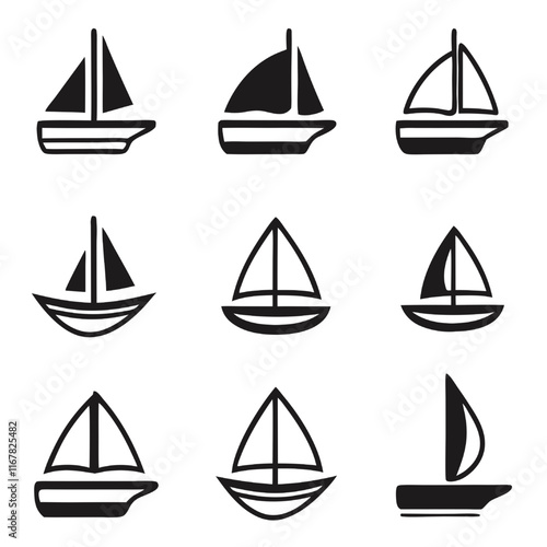 Sailing Icons: A set of nine sleek and modern sailboat icons, perfect for web design, mobile apps, and branding projects. Each icon features a distinct silhouette.