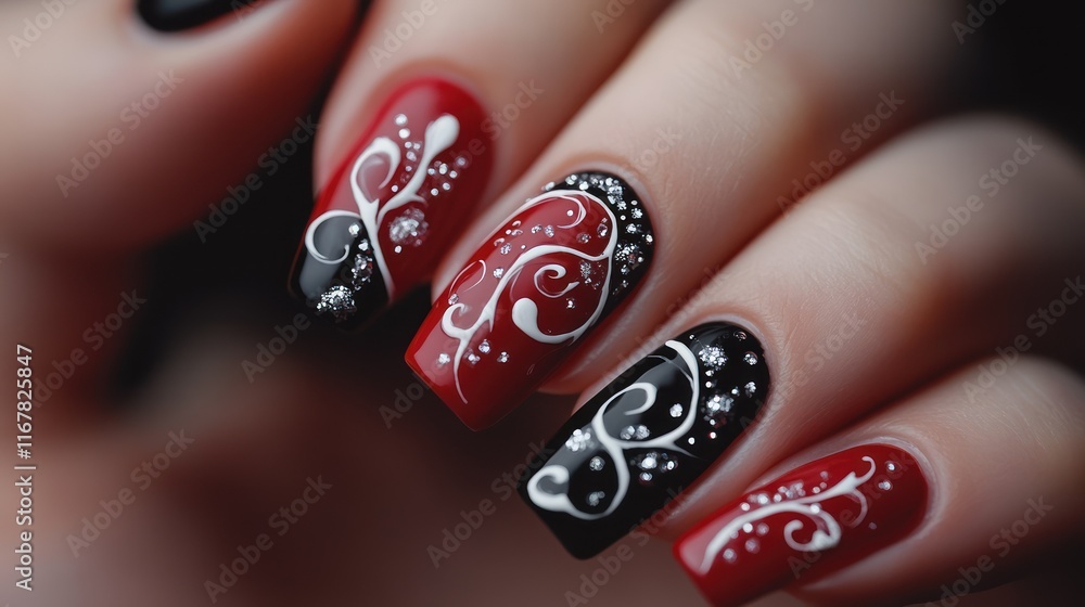 Close-up of elegant red and black nails with white swirl design and glitter accents. Close-up of elegant red and black nails with white swirl design and glitter accents.