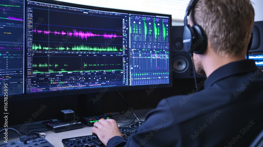 Professional Audio Engineer Adjusting Sound Levels on Digital Audio Workstation with Colorful Waveforms Displayed on Monitor in Modern Studio Setting Professional Audio Engineer Adjusting Sound Levels on Digital Audio Workstation with Colorful Waveforms Displayed on Monitor in Modern Studio Setting