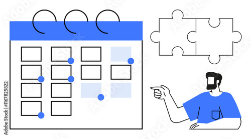 Office worker pointing at calendar marked with dots, accompanied by two puzzle pieces. Ideal for scheduling, project management, deadlines, teamwork, planning, organization time management. An