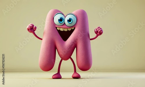 3D child animated dancing character mascot letter M on flat beige background