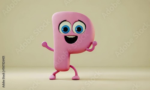 3D child animated dancing character mascot letter P on flat beige background