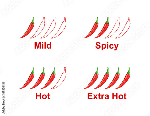 Spice level marks: mild, spicy, hot and extra hot Vector Illustration Isolated on White. Spicy Indicator Red Hot Chili Peppers.
