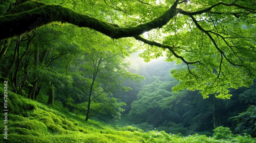 Naklejka premium Lush green forest with sunlight filtering through the trees.