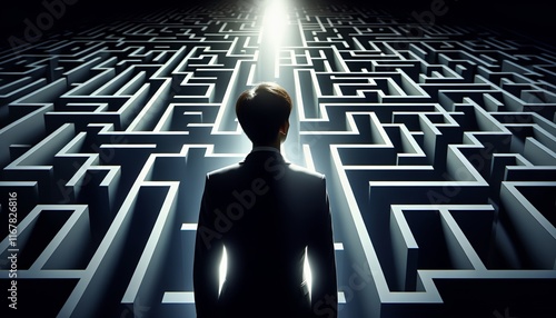 A businessman in a maze is looking for the right way out, symbolizing problems and solutions.
