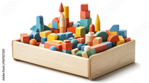 Vibrant Wooden Building Blocks in an Overflowing Toy Box Inviting Imaginative Play and Creativity
