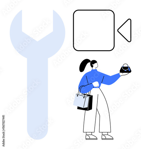 Woman holding a smart device and shopping bags, alongside a video player and a large wrench. Ideal for technology, shopping, maintenance, online shopping, digital media, innovation, consumerism