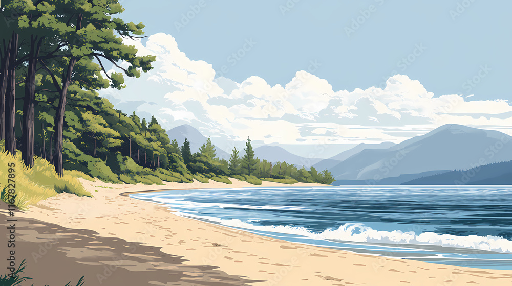 Tranquil shoreline scene with ocean waves merging into sand. Shoreline. Illustration Tranquil shoreline scene with ocean waves merging into sand. Shoreline. Illustration