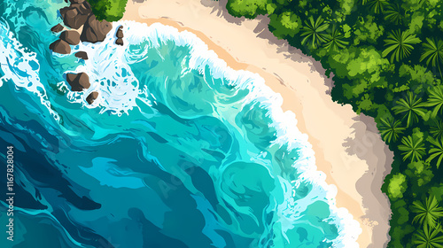 Tropical coastline with turquoise water waves washing the sandy shore. top view. bird's-eye view. to aspect ratio. generative ai. Shoreline. Illustration