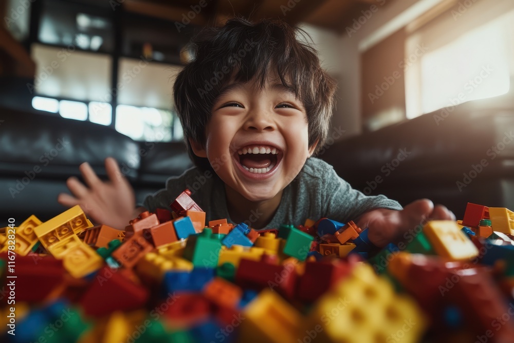 Joyful child immersed in colorful blocks during a playful afternoon at home Joyful child immersed in colorful blocks during a playful afternoon at home