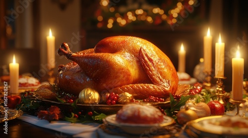 Roasted Thanksgiving turkey on a festive table with candles and autumnal decorations. photo