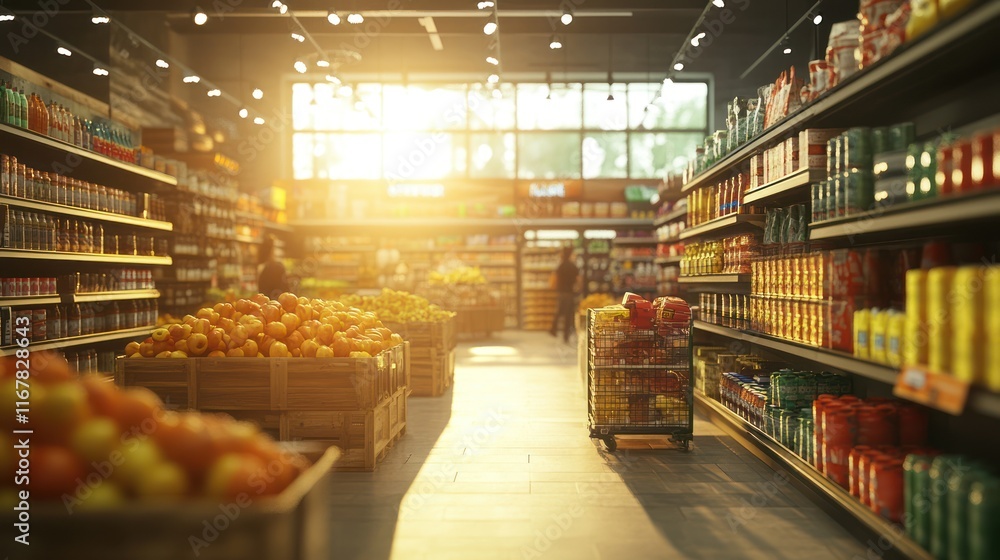 Grocery store interior with sunlight streaming in, showcasing fresh produce, canned goods, and aisles. Customers are shopping. Grocery store interior with sunlight streaming in, showcasing fresh produce, canned goods, and aisles. Customers are shopping.