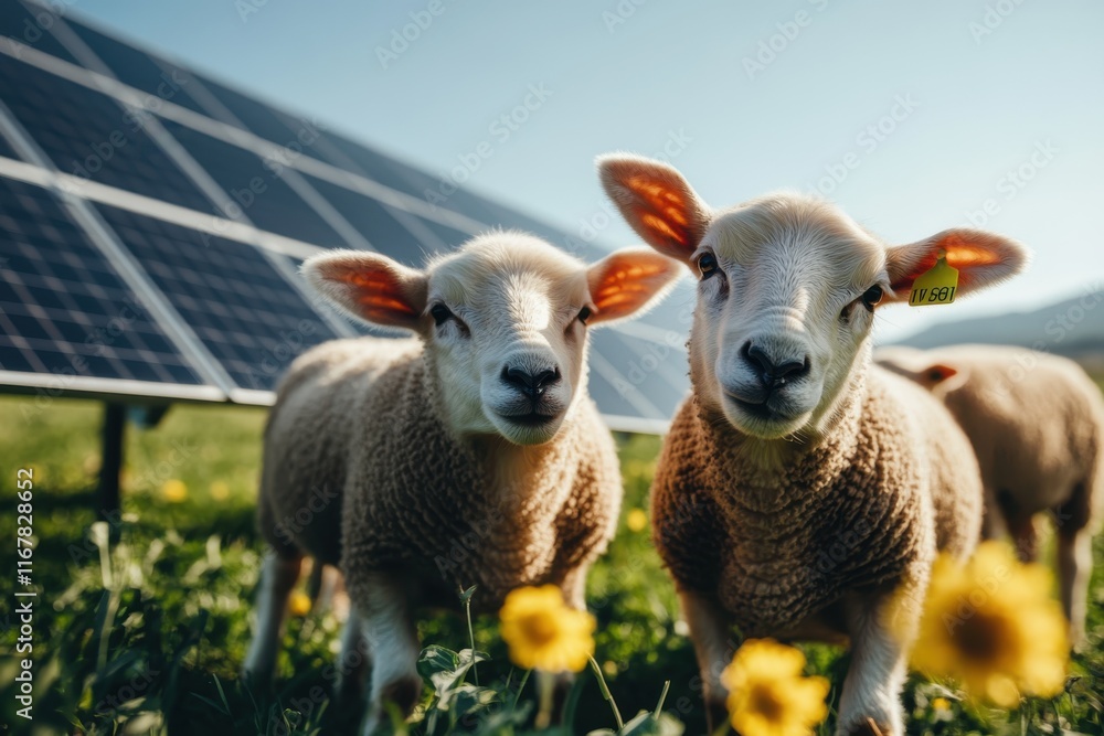 Fototapeta premium Two cheerful lambs playfully explore a vibrant meadow filled with sunflowers while solar panels capture sunlight in the background