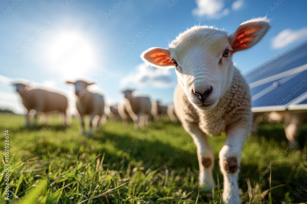 Fototapeta premium Curious lamb explores green pasture under the warm sun near solar panels on a bright afternoon