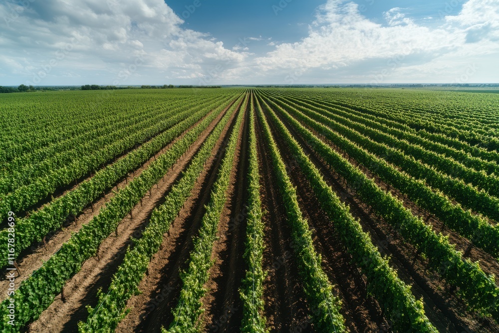 Expansive rows of lush green vines stretch across the tranquil vineyard under a bright blue sky Expansive rows of lush green vines stretch across the tranquil vineyard under a bright blue sky