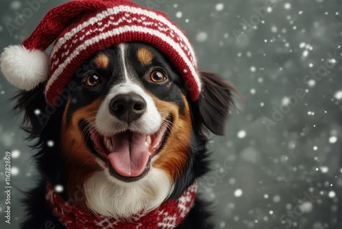 Joyful dog in festive hat spreading holiday cheer during a snowy winter day photo