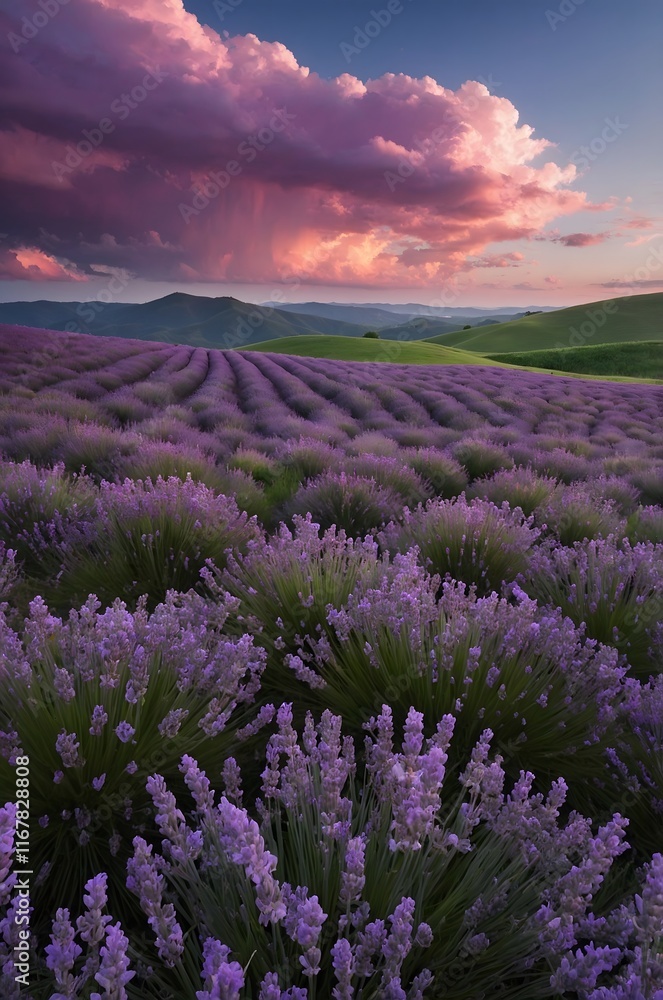 Naklejka premium Lavender Fields with Pastel Sky and Pink Clouds Purple Herb Landscape Scenery for Screensaver and Nature Background