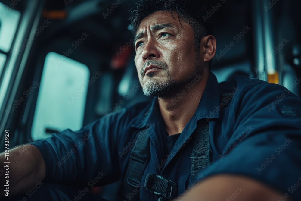 Deep concentration displayed by a firefighter in action on a rainy day during emergency response operations Deep concentration displayed by a firefighter in action on a rainy day during emergency response operations