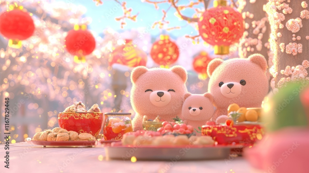 Fototapeta premium Bearing Festive Cheer: Adorable Bear Family Celebrating Lunar New Year in Colorful 3D Illustration
