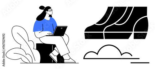 Woman in blue shirt sits on stool with laptop, nearby abstract book structure, cloud, and plant. Ideal for education, technology, remote work, learning, creativity nature and relaxation themes