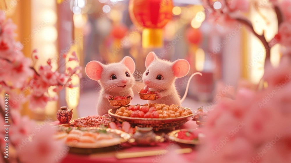 Mouse Family Celebrating Lunar New Year: Adorable 3D Render of Festive Festivities with Traditional Decorations and Foods