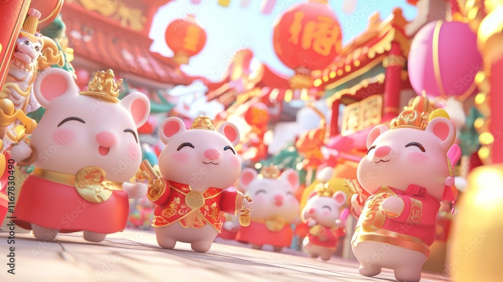 Joyful Lunar New Year Parade: Adorable Animals in Traditional Costumes and Colorful Floats - 3D Render Illustration Joyful Lunar New Year Parade: Adorable Animals in Traditional Costumes and Colorful Floats - 3D Render Illustration