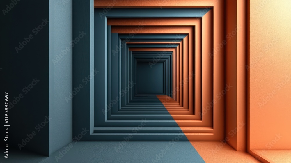 Fototapeta premium Abstract 3D rendering of a receding square tunnel with teal and orange hues.