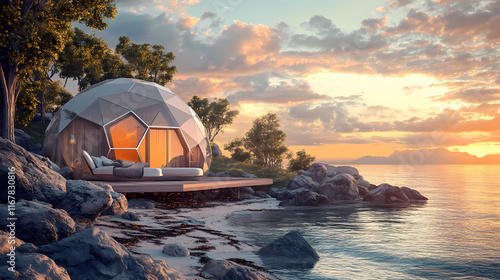 Secluded shoreline accommodation built using geodesic dome method. Shoreline. Illustration photo