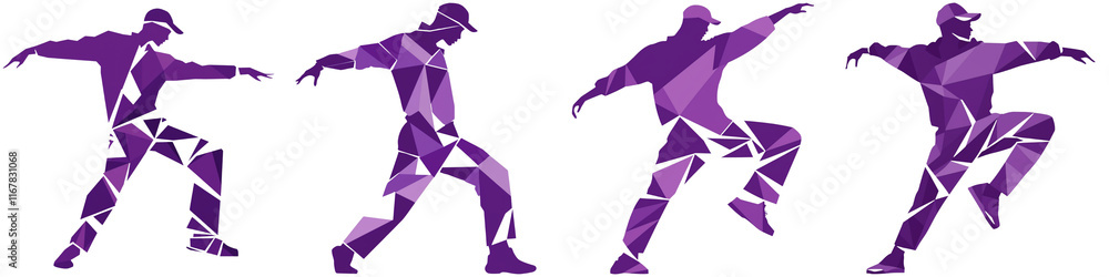 Obraz premium In Row Dance Run in Korea, Four stylized figures in dynamic poses, highlighted in purple, showcasing movement and dance.
