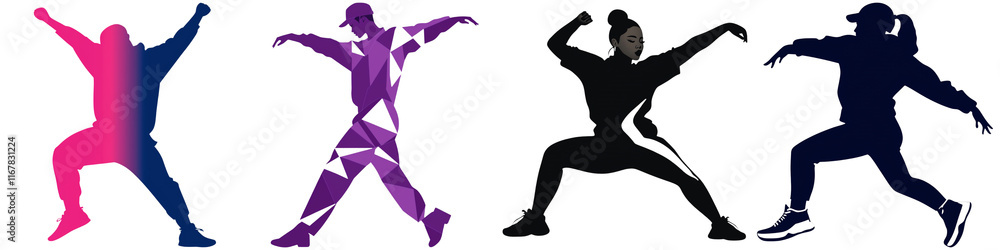 Obraz premium In Row Dance Run in Korea, The image features dynamic silhouettes of dancers in various poses, showcasing movement and energy through vibrant colors and distinct shapes.