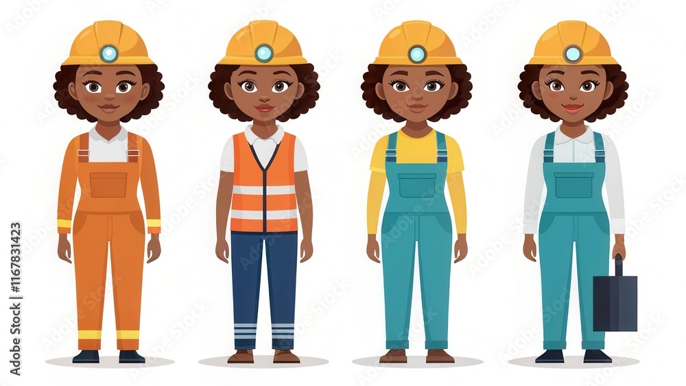 Naklejka premium Young Black Female Oil Rig Worker in Various Construction Outfits on Job Site. Generative AI