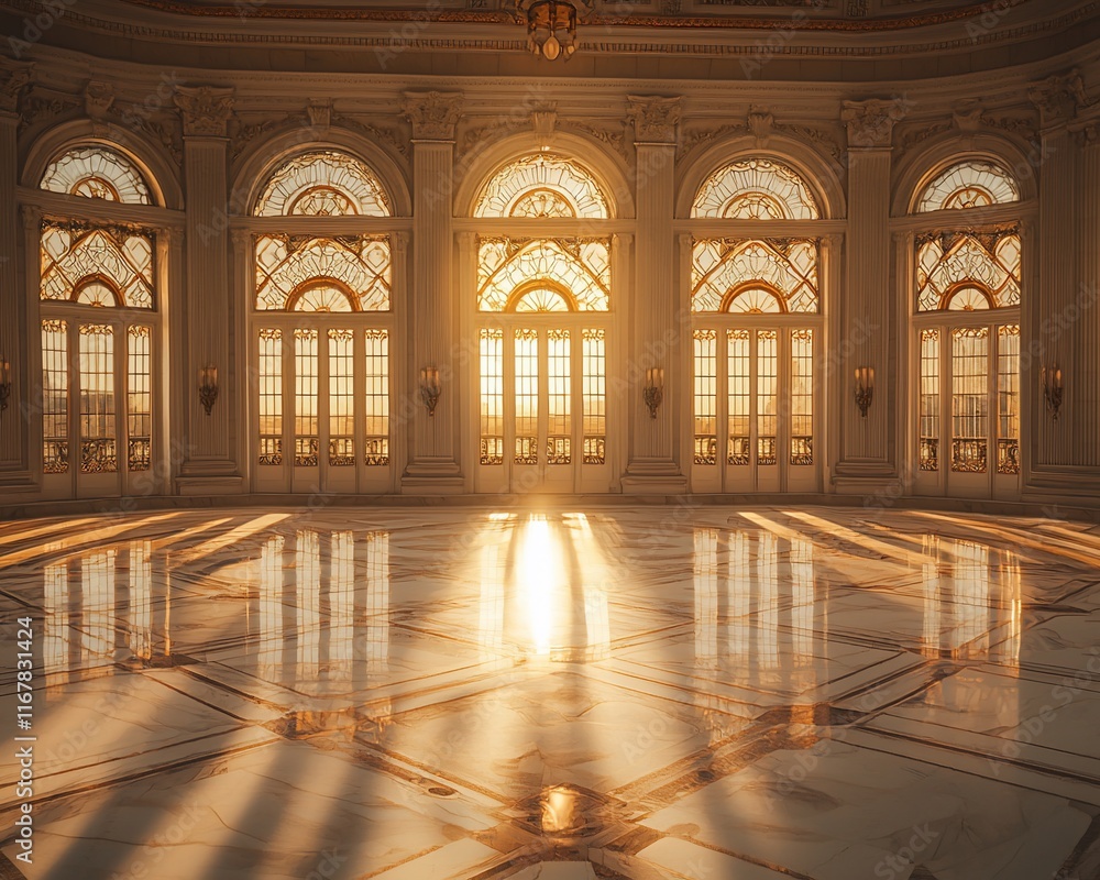 Sunlit grand ballroom with arched windows and marble floor. Sunlit grand ballroom with arched windows and marble floor.