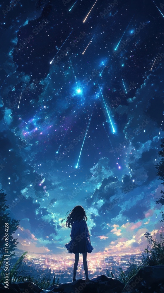 Obraz premium Enchanting starry night sky filled with twinkling stars glowing galaxies and shooting comets with the silhouette of a solitary figure standing in wonder amid a fantastical ethereal landscape